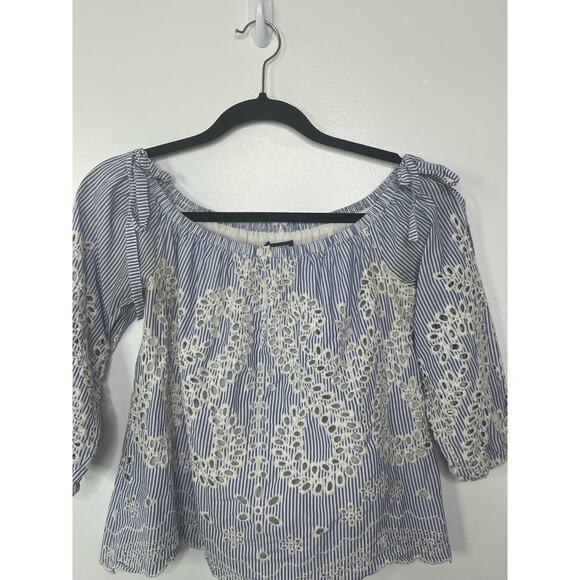Express Blouse Eyelet Off the Shoulder Striped 3/4 Sleeve Cotton Lined Blue S - Picture 4 of 12